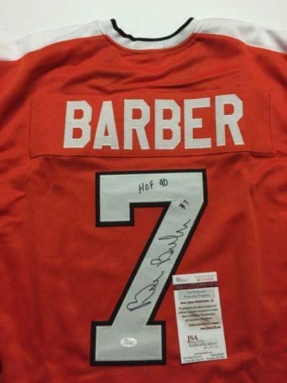 Autographed/Signed Bill Barber Philadelphia Orange Hockey Jersey JSA COA Inscribed HOF 90