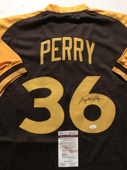 Autographed/Signed Gaylord Perry San Diego Brown Retro Baseball Jersey JSA COA