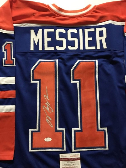 Autographed/Signed Mark Messier Edmonton Blue Hockey Jersey JSA COA