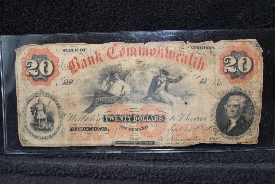 1858 $20 Bank of the Commonwealth State of Virginia