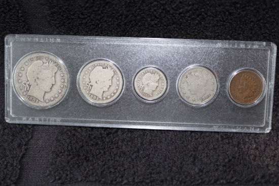 1902 Year Set Barber Half-Quarter-Dime-V Nickel- Indian Head Cent