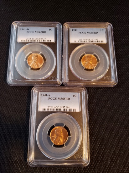 1941-1941D-1941S Lincoln Cents MS65RD PCGS