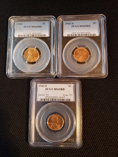 1942-1942D-1942S Lincoln Cents MS65RD PCGS