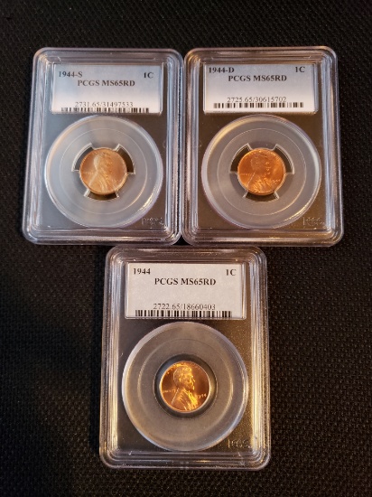 1944-1944D-1944S Lincoln Cents MS65RD PCGS