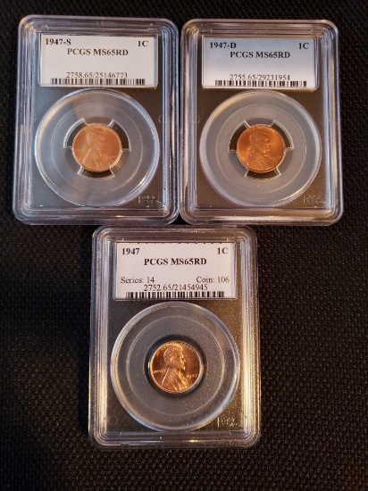 1947-1947D-1947S Lincoln Cents MS65RD PCGS