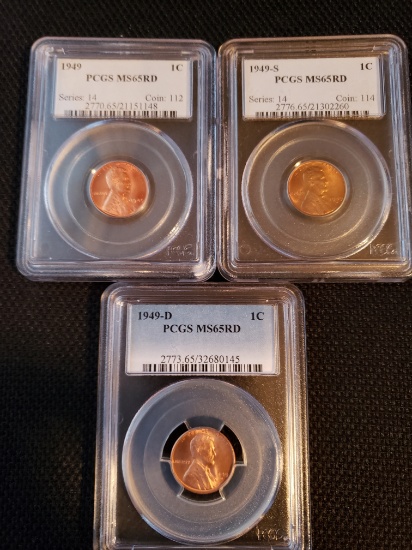 1949-1949D-1949S Lincoln Cents MS65RD PCGS