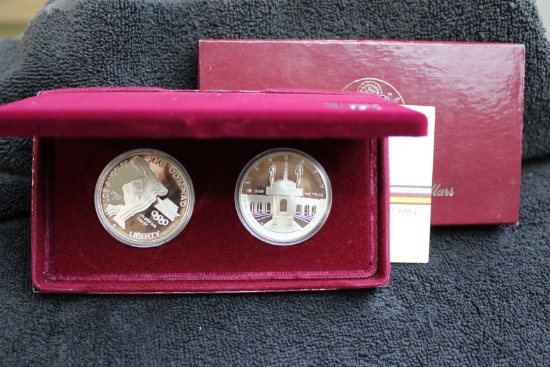 1983 & 1984 2 pc Proof Olympic Silver Dollars Box & COA