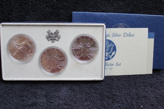 1984 P+D+S 3pc Olympic Commemorative Silver Dollar UNC Set Box & COA