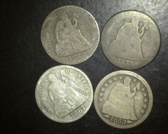 4 Seated Liberty Dimes 1853-1877 S-1883-1887