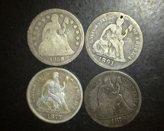 4 Seated Liberty Dimes 1858-1876-1877 S-1891