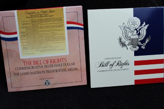 1993 Bill of Rights Commem Coin + Stamp Silver Half 50c Proof +  Silver Half BU & Madison Presidenti