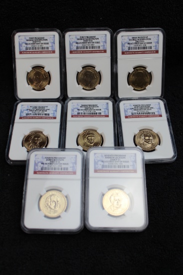 8 First Day of Issue Presidential Dollars NGC MS 65 & 66
