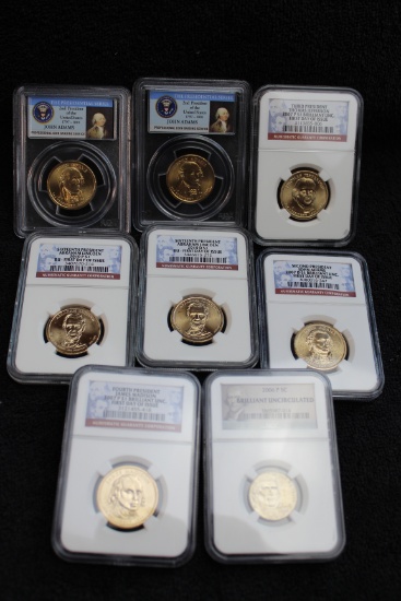 8 - BU First Day of Issue Slabbed Presidential Dollars + Jefferson Nickel