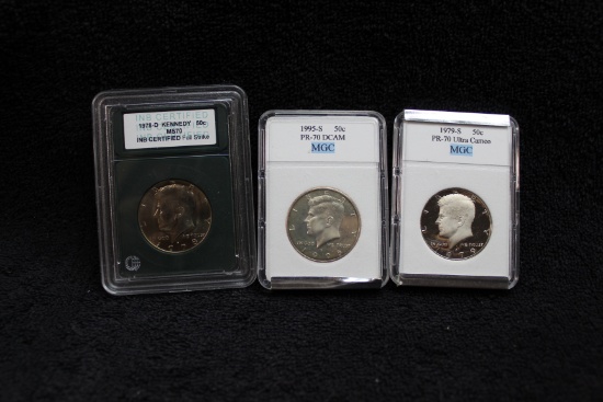 Group of 3 Slabbed Kennedy Half Dollars 1979 S PR 70 Ultra Cam-1995 S PR 70 DCAM; 1978 D MS 70