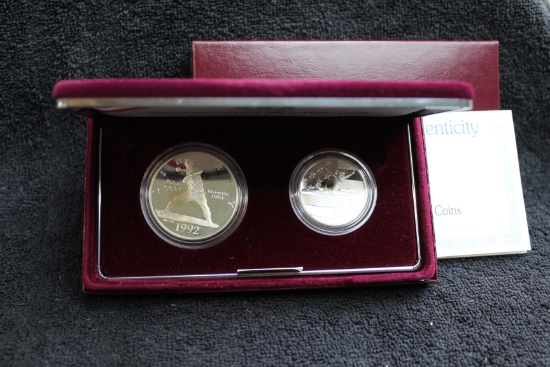 1992 2 pc Olympic Commemorative Silver Dollar & Half PROOF BOX & COA