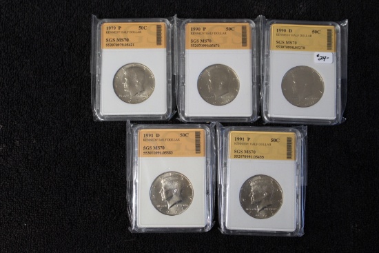 5 Kennedy Half Dollars 1979 P-1990 P+D 1991 P+ D Professionally Graded MS 70