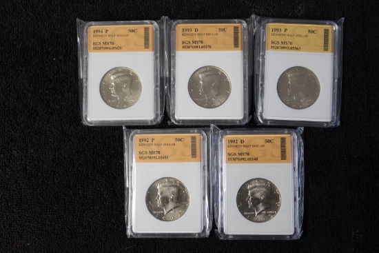 5 Kennedy Half Dollars 1992 P+ D-1993 P+D -1994 P Professionally Graded MS 70