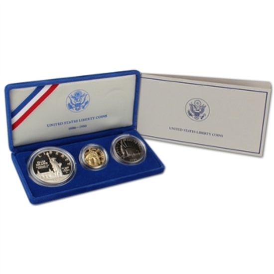 1986 Statue of Liberty 3 pc. Commemorative Set $5 Gold , $1 Silver Dollars, Half Dollar OGP