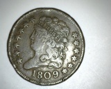 1809 Half Cent 9 over Inverted 9 VF