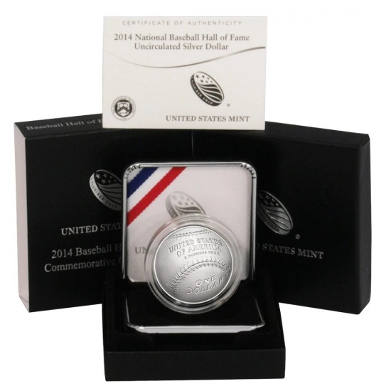 2014 Baseball Hall of Fame Commemorative Silver Dollar UNC COA & BOX