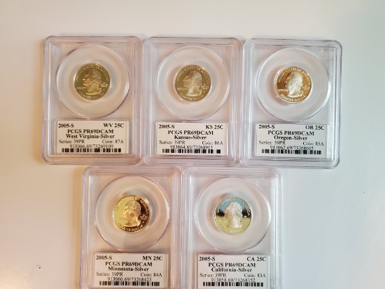 2005 Complete Set of 5 SILVER State Quarters PR69 DCAM PCGS