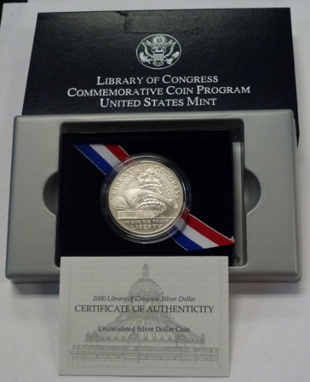 2000-p Library of Congress Silver Dollar UNC BOX & COA