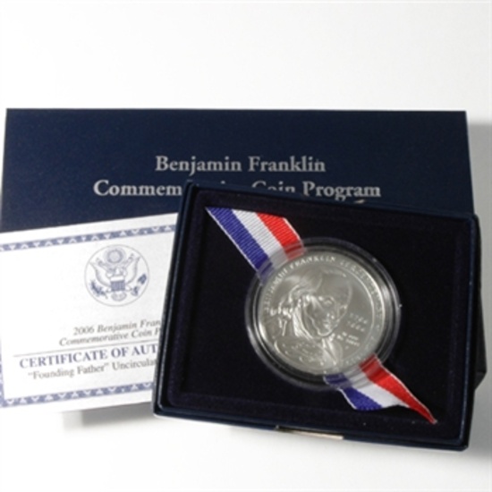 2006 Benjamin Franklin "Founding Father" Commemorative Silver Dollar UNC BOX & COA