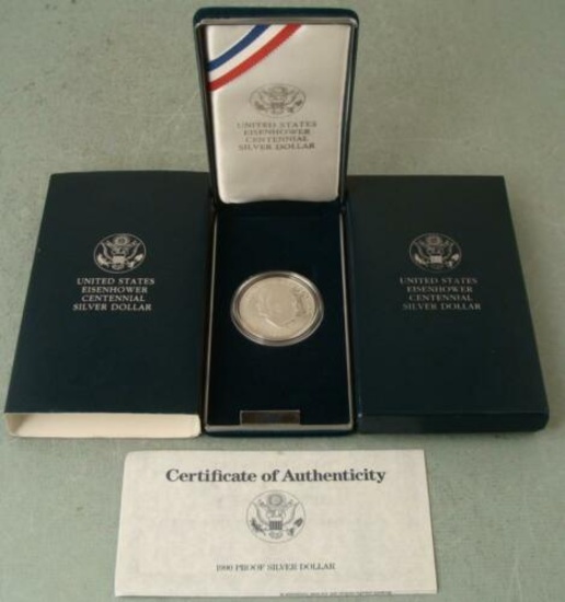 1990 Eisenhower Centennial Silver Dollar Proof BOX & COA