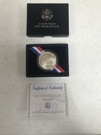 1991 USO Silver Dollar PROOF BOX & COA