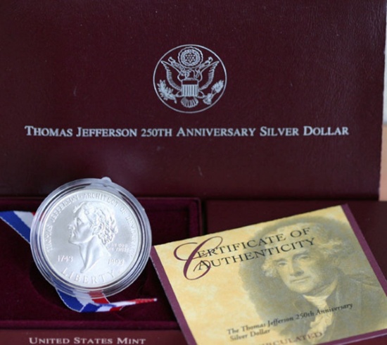1993-p Thomas Jefferson 250th Anniversary Commemorative BU Dollar Box & COA