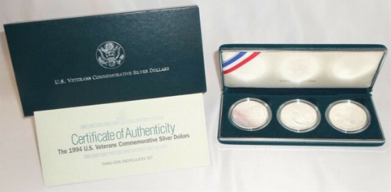 1994- 3 pc Veterans Silver Dollars UNC Commemoratives orig box w/coa