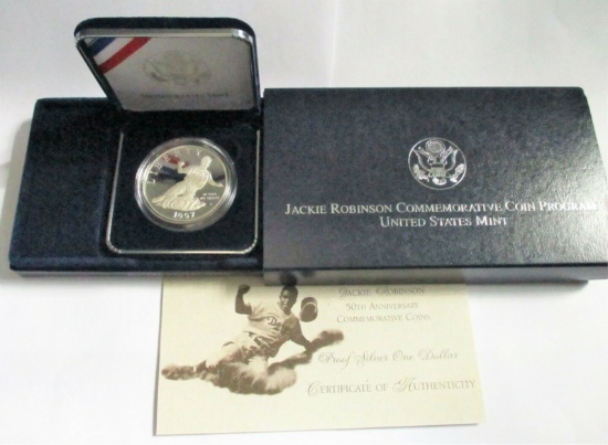1997 Jackie Robinson 50th Anniversary Proof Silver Dollar BOX & COA