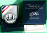 2010 American Veterans Disabled for Life Silver Dollar UNC BOX & COA
