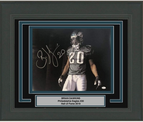 Framed Autographed/Signed Brian Dawkins Visor Philadelphia Eagles 16x20 Football Photo JSA COA