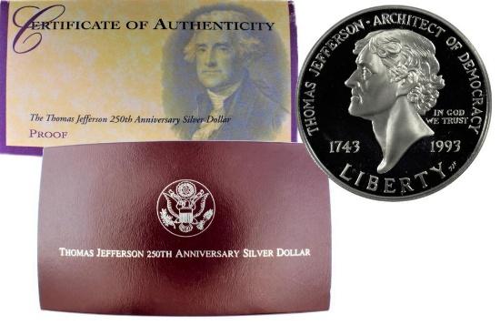1993 Thomas Jefferson 250th Anniversary Commemorative Proof Dollar Box & COA