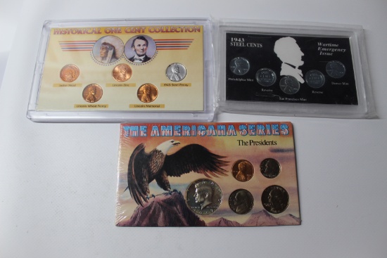 3 Various Coin Sets - Americana President Series-1943 Steel Cents-Historical One Cent Collection