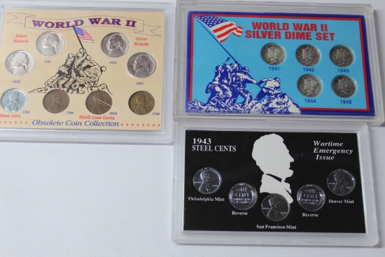 3 WWII Various Coin Sets - Silver Dime Set - P-D-S Steel Penny Collection-Obsolete Coin Collection