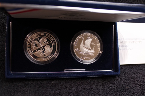 2000 2 pc Leif Ericson Silver Dollars PROOF BOX & COA