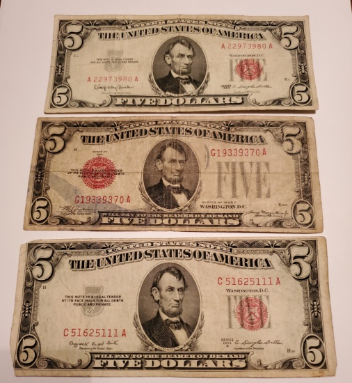 1928-1953-1963 $5 Red Seal Notes