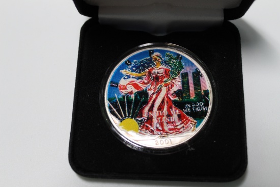 2001 1 oz American Silver Eagle 9/11 Tribute Colorized encapsulated Velvet Case