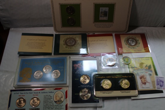 Lot of 14 Various SBA-Sacagawea-Presidential Dollars + Stamps + Kennedy Half BU