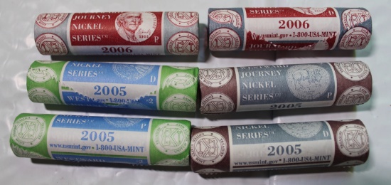 $12 - 6  Rolls P+D 22005 Bison & 2005 Oceanview & 2006  Jefferson Nickels BU