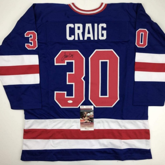Autographed/Signed Jim Craig Blue Team USA Miracle On Ice 1980 Olympics Hockey Jersey JSA COA