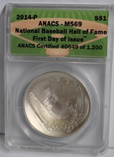 2014 National Baseball Hall of Fame Commemorative Silver Dollar First Day of Issue MS69 ANACS