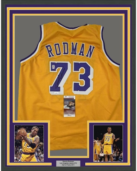 Framed Autographed/Signed Dennis Rodman 33x42 Los Angeles LA Yellow Basketball Jersey JSA COA #2