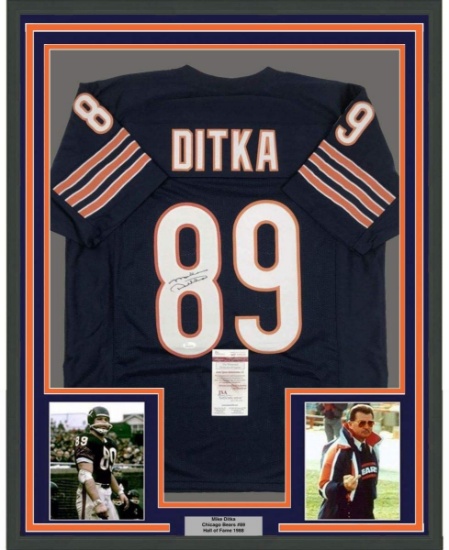 Framed Autographed/Signed Mike Ditka 33x42 Chicago Blue Football Jersey JSA COA