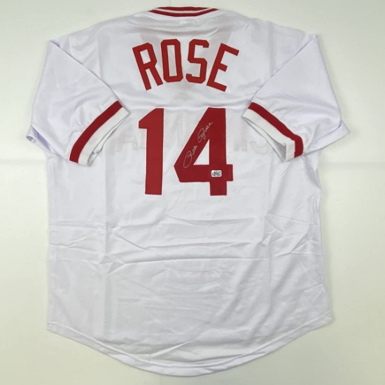 Autographed/Signed Pete Rose Cincinnati White Baseball Jersey Athlete Hologram COA Holo