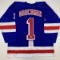 Autographed/Signed Eddie Giacomin HOF 87 New York Blue Hockey Jersey JSA COA