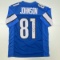 Autographed/Signed Calvin Johnson HOF 21 Detroit Blue Football Jersey JSA COA