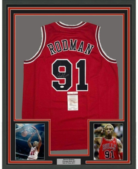 Framed Autographed/Signed Dennis Rodman 33x42 Chicago Red Basketball Jersey JSA COA